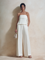 White Linen-Blend Strapless Tube Top & High-Waisted Wide-Leg Pants Set