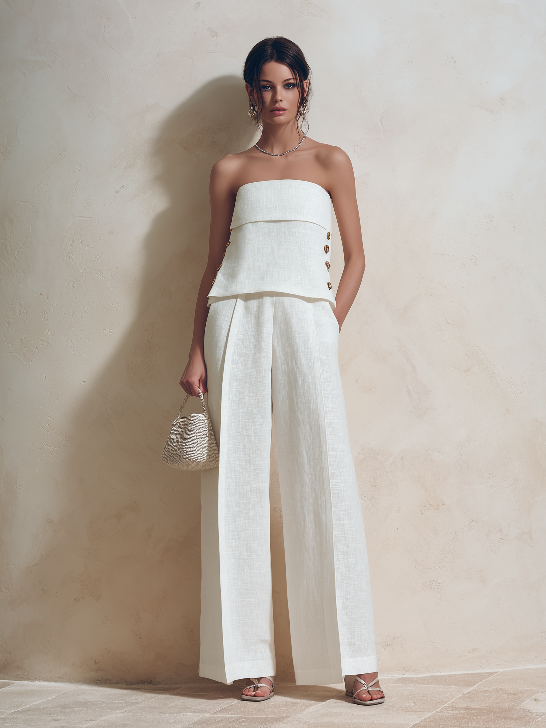 White Linen-Blend Strapless Tube Top & High-Waisted Wide-Leg Pants Set
