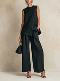 Black Textured Linen-Blend Asymmetric Two-Piece Wide-Leg Set
