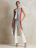 Striped Bow-Neck Longline Vest & Wide-Leg Pants Set