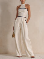 Cream Halter Neck Contrast Trim Wide-Leg Jumpsuit