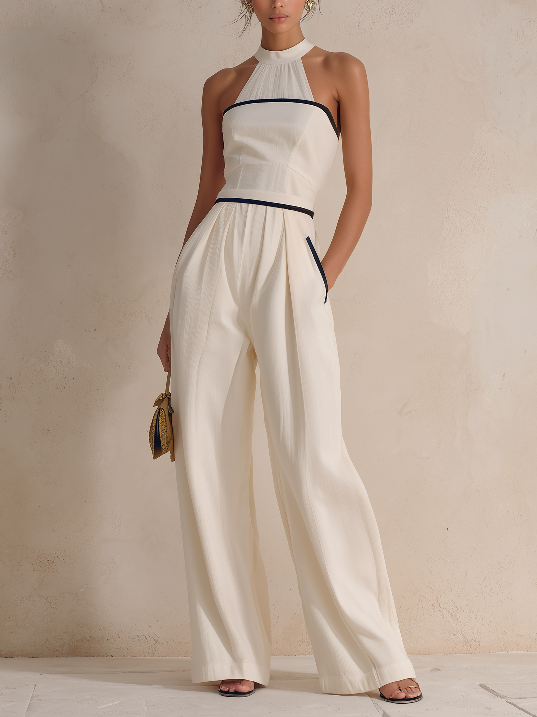 Cream Halter Neck Contrast Trim Wide-Leg Jumpsuit