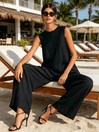 Black Textured Linen-Blend Asymmetric Two-Piece Wide-Leg Set