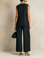 Black Textured Linen-Blend Asymmetric Two-Piece Wide-Leg Set