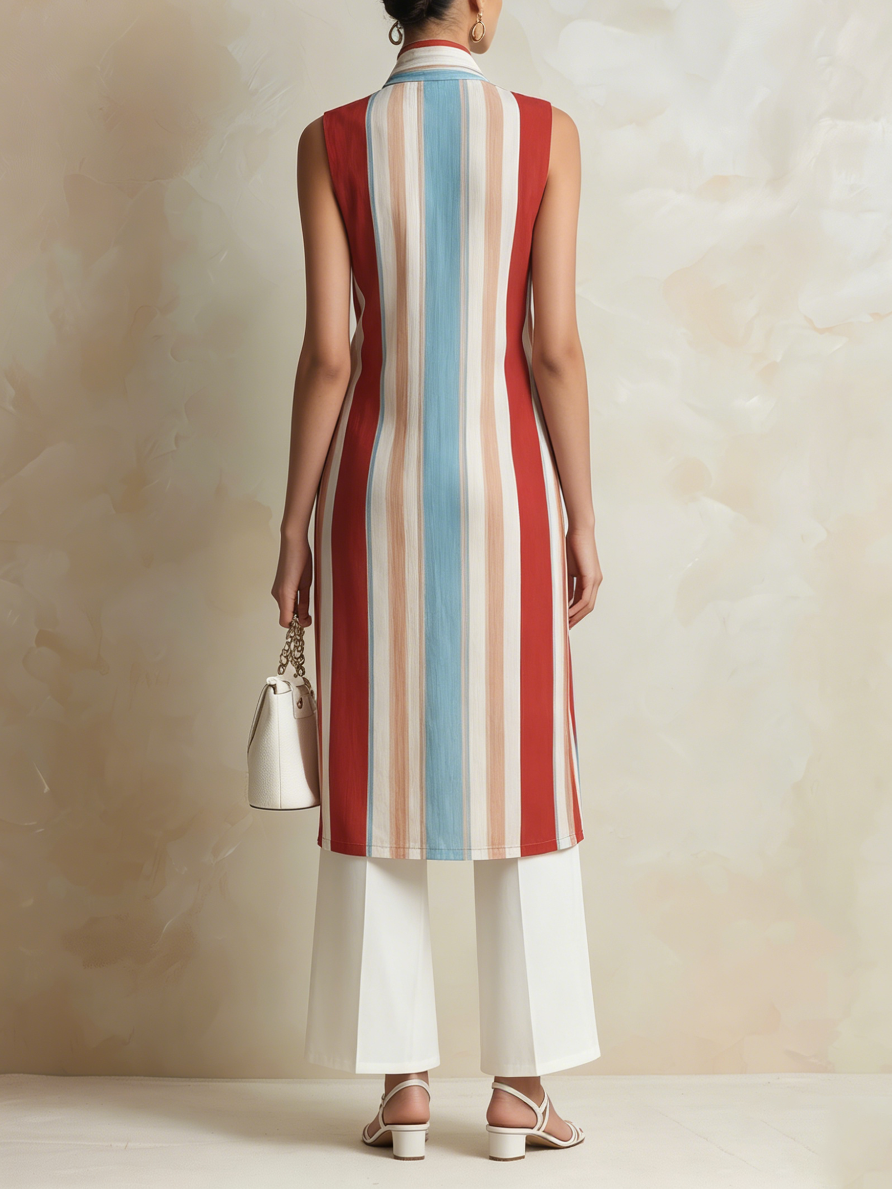 Striped Bow-Neck Longline Vest & Wide-Leg Pants Set