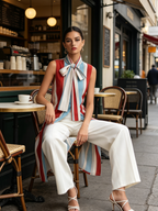 Striped Bow-Neck Longline Vest & Wide-Leg Pants Set