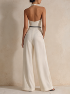 Cream Halter Neck Contrast Trim Wide-Leg Jumpsuit