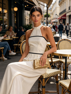 Cream Halter Neck Contrast Trim Wide-Leg Jumpsuit