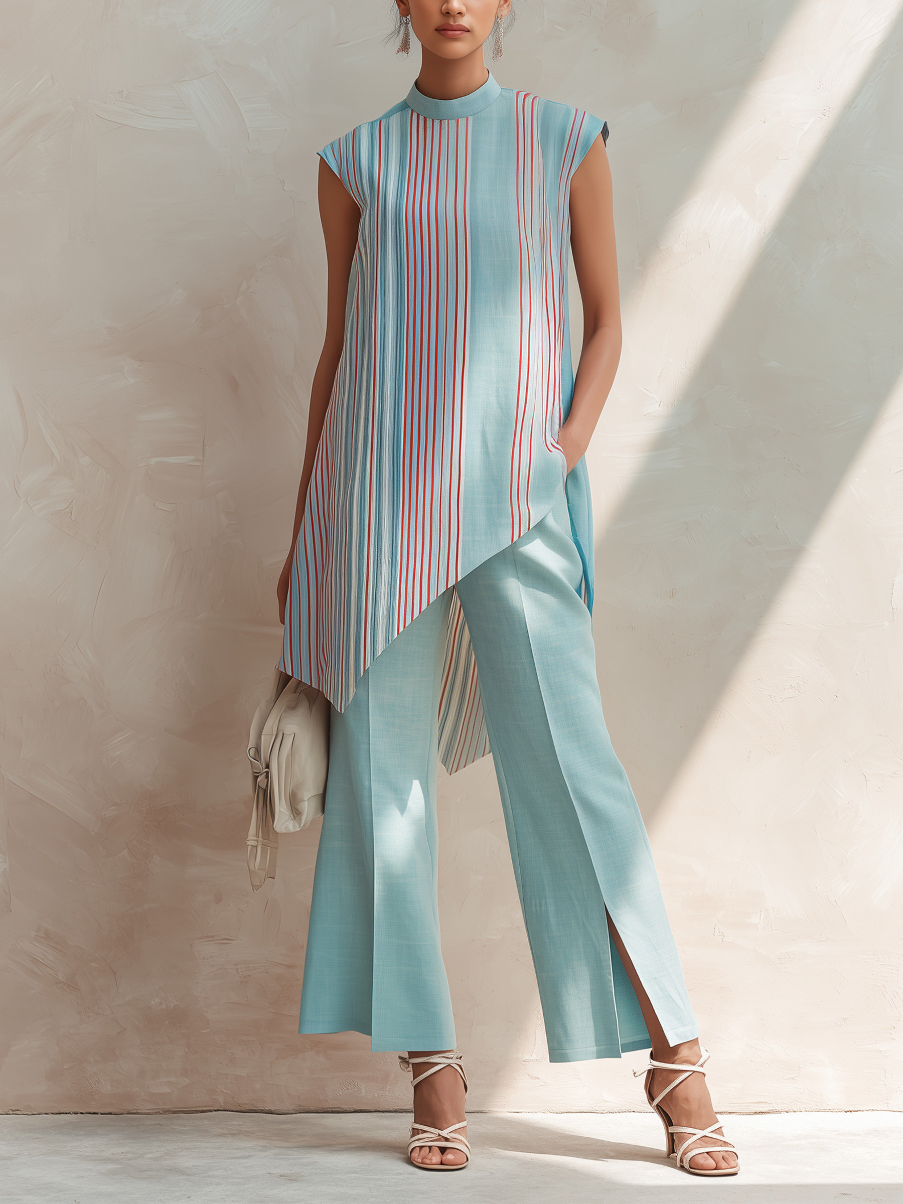 Sky Blue Asymmetric Striped Tunic & Slit Wide-Leg Pants Set