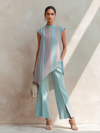 Sky Blue Asymmetric Striped Tunic & Slit Wide-Leg Pants Set