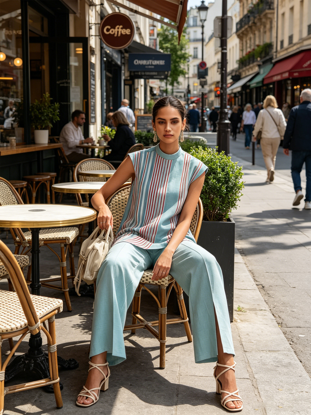 Sky Blue Asymmetric Striped Tunic & Slit Wide-Leg Pants Set