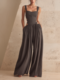 Dark Grey Cut-Out Waist Wide-Leg Linen-Blend Jumpsuit