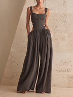 Dark Grey Cut-Out Waist Wide-Leg Linen-Blend Jumpsuit