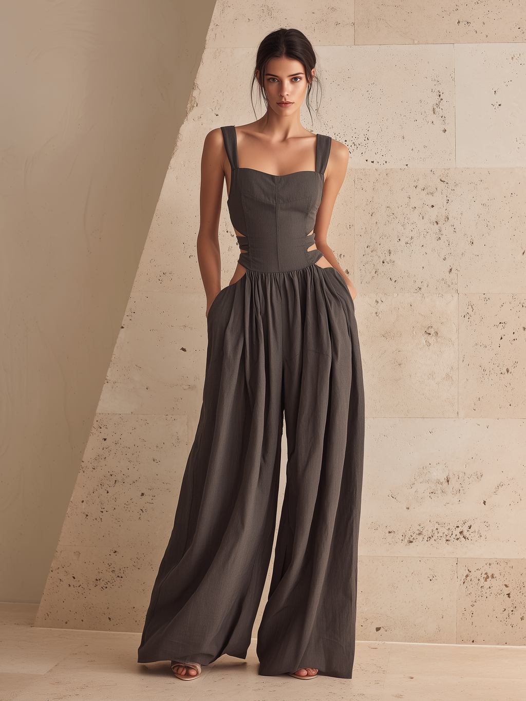 Dark Grey Cut-Out Waist Wide-Leg Linen-Blend Jumpsuit