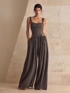 Dark Grey Cut-Out Waist Wide-Leg Linen-Blend Jumpsuit