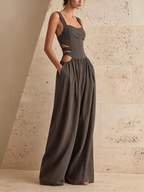 Dark Grey Cut-Out Waist Wide-Leg Linen-Blend Jumpsuit