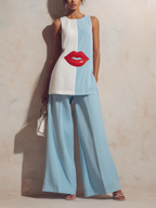 Two-Tone Lip Print Sleeveless Tunic & Wide-Leg Pants Set