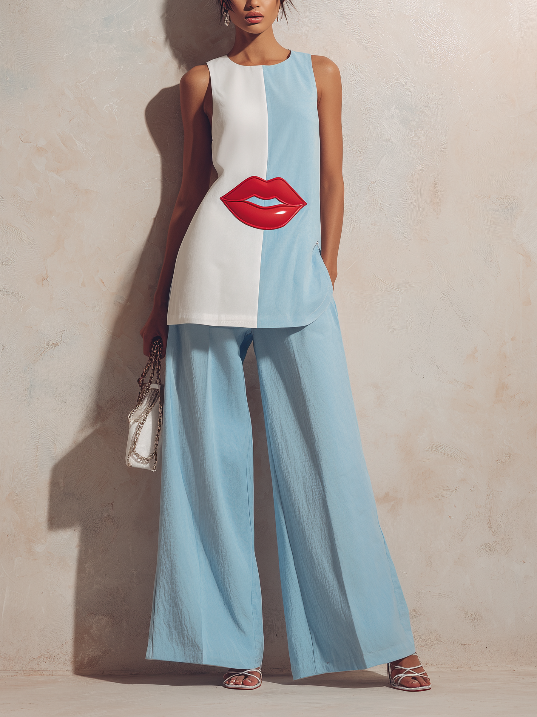 Two-Tone Lip Print Sleeveless Tunic & Wide-Leg Pants Set