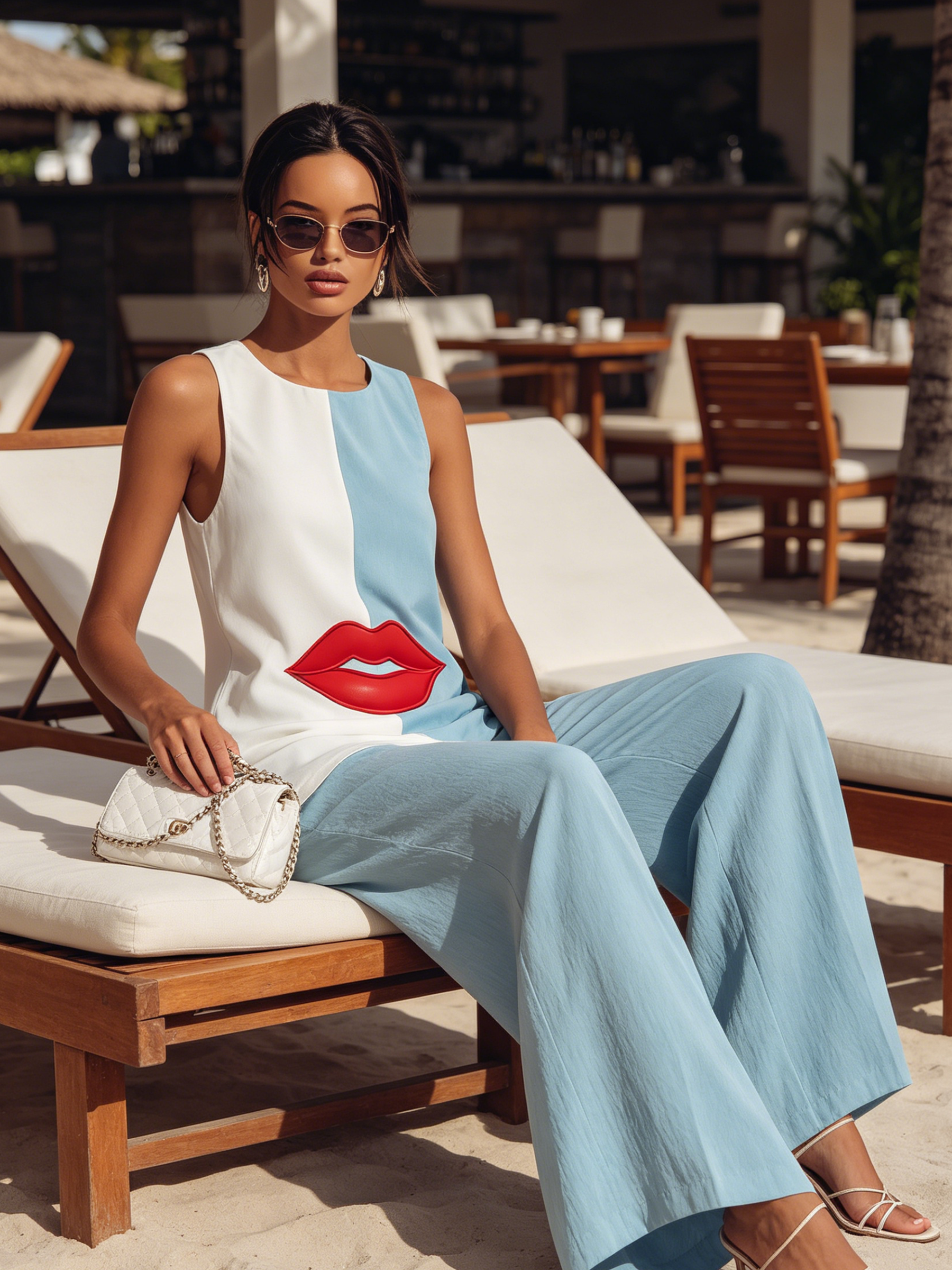 Two-Tone Lip Print Sleeveless Tunic & Wide-Leg Pants Set