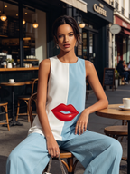 Two-Tone Lip Print Sleeveless Tunic & Wide-Leg Pants Set