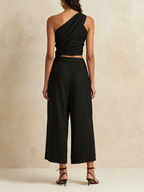 Black Asymmetric One-Shoulder Top & High-Waisted Culotte Set