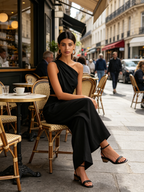 Black Asymmetric One-Shoulder Top & High-Waisted Culotte Set