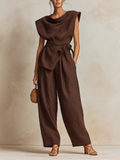 Chocolate Brown Linen-Blend Cowl-Neck Top & Wide-Leg Pants Set With Waist Tie