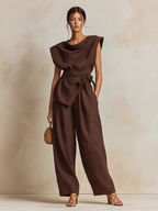 Chocolate Brown Linen-Blend Cowl-Neck Top & Wide-Leg Pants Set With Waist Tie