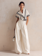 White Nautical Trim Blazer & High-Waisted Wide-Leg Pants Set
