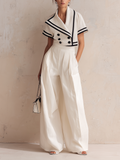 White Nautical Trim Blazer & High-Waisted Wide-Leg Pants Set