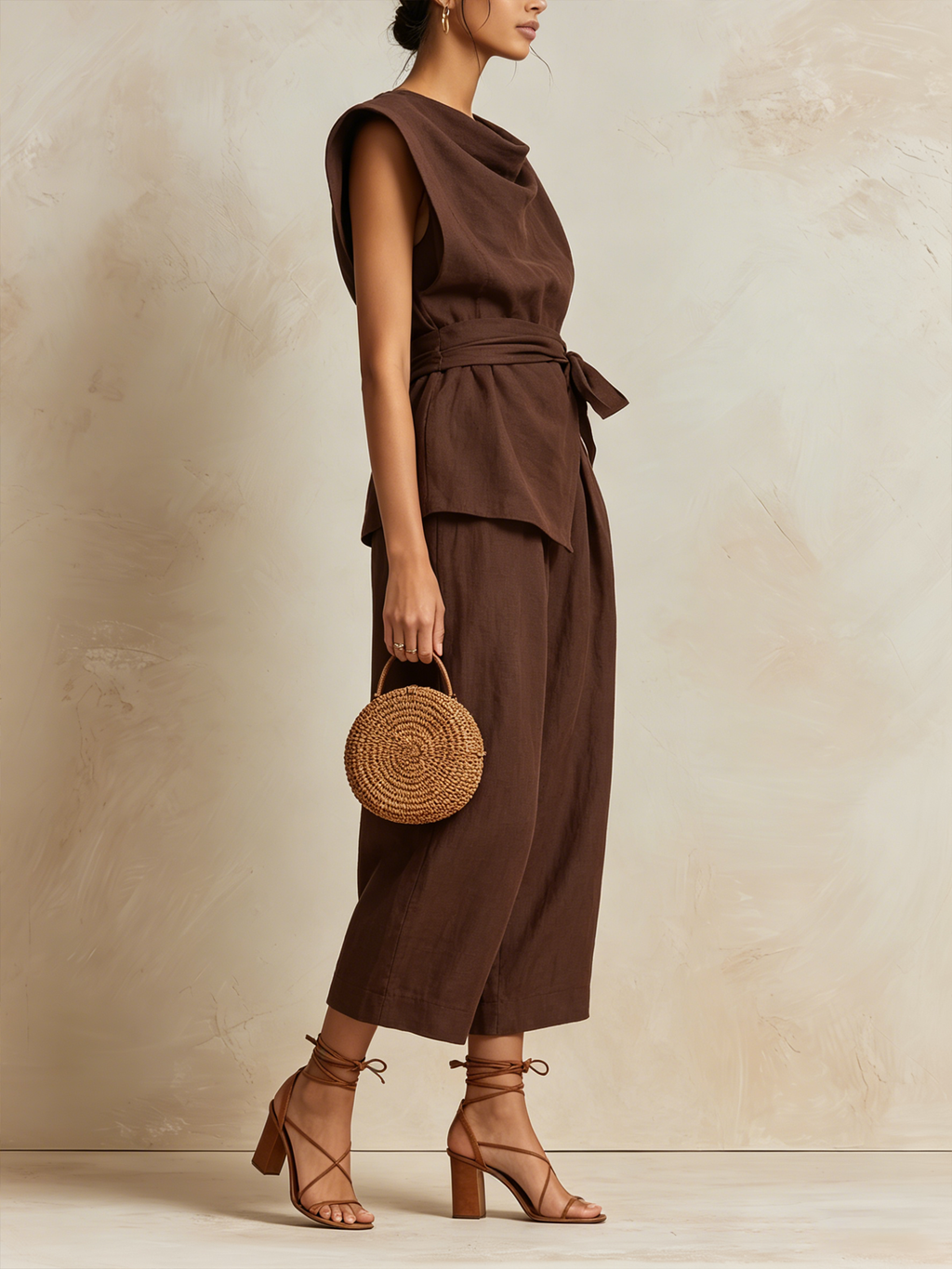 Chocolate Brown Linen-Blend Cowl-Neck Top & Wide-Leg Pants Set With Waist Tie