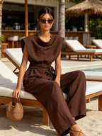 Chocolate Brown Linen-Blend Cowl-Neck Top & Wide-Leg Pants Set With Waist Tie