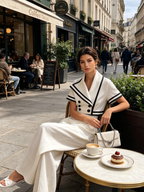 White Nautical Trim Blazer & High-Waisted Wide-Leg Pants Set