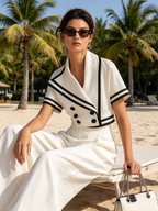 White Nautical Trim Blazer & High-Waisted Wide-Leg Pants Set