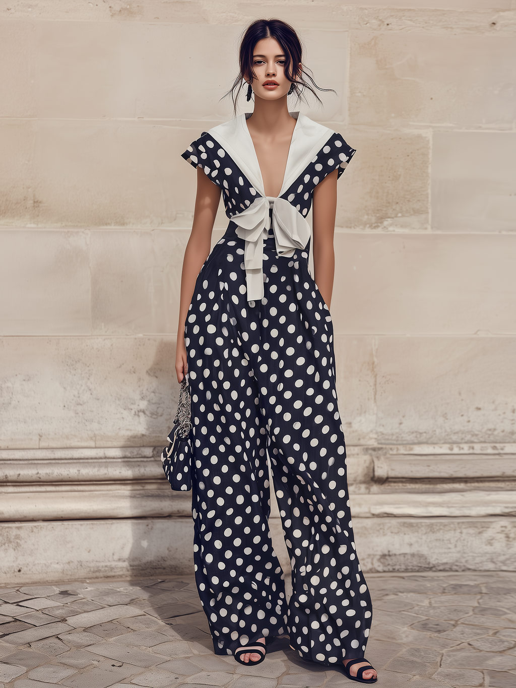 Navy Polka Dot Wide-Leg Jumpsuit With Sailor Collar & Bow Detail