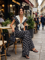 Navy Polka Dot Wide-Leg Jumpsuit With Sailor Collar & Bow Detail