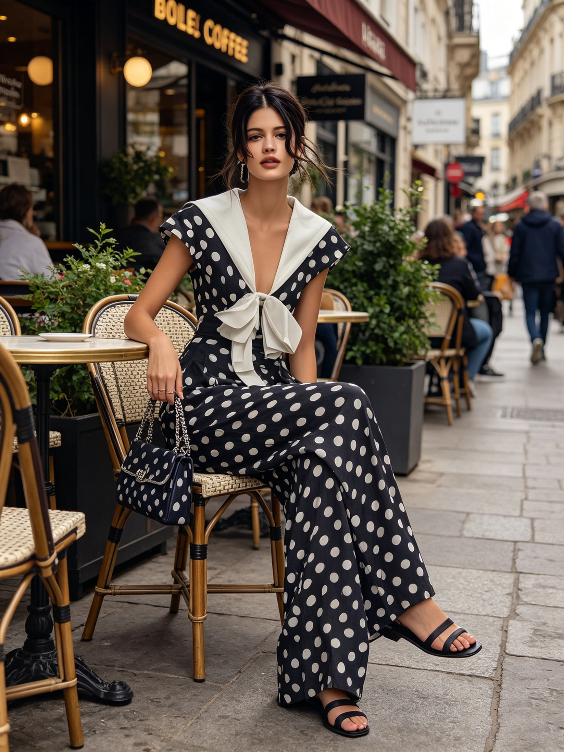 Navy Polka Dot Wide-Leg Jumpsuit With Sailor Collar & Bow Detail