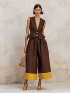 Brown Linen-Blend Peplum Vest & Color-Block Culotte Set