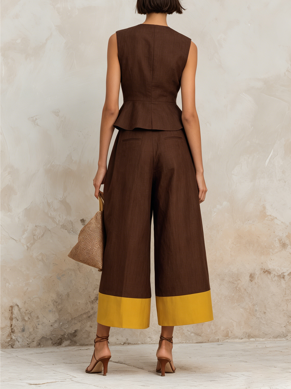 Brown Linen-Blend Peplum Vest & Color-Block Culotte Set
