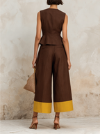 Brown Linen-Blend Peplum Vest & Color-Block Culotte Set