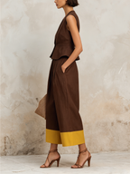 Brown Linen-Blend Peplum Vest & Color-Block Culotte Set