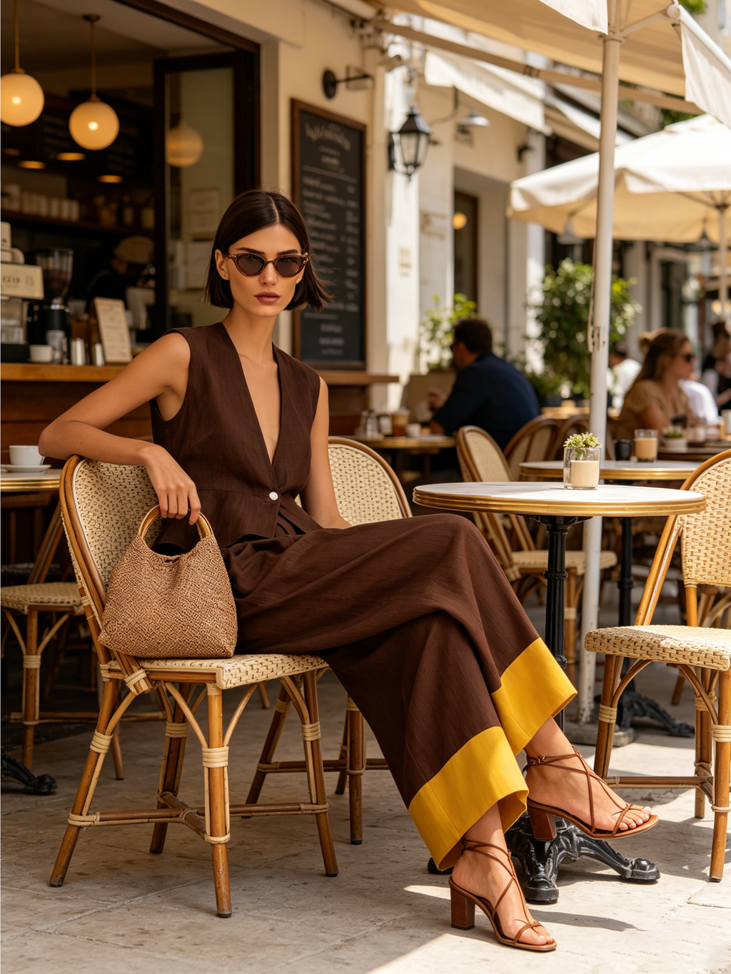 Brown Linen-Blend Peplum Vest & Color-Block Culotte Set