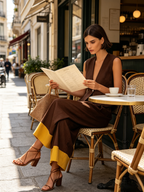 Brown Linen-Blend Peplum Vest & Color-Block Culotte Set