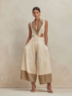 Cream & Tan Linen-Blend Cut-Out Waist Wide-Leg Jumpsuit