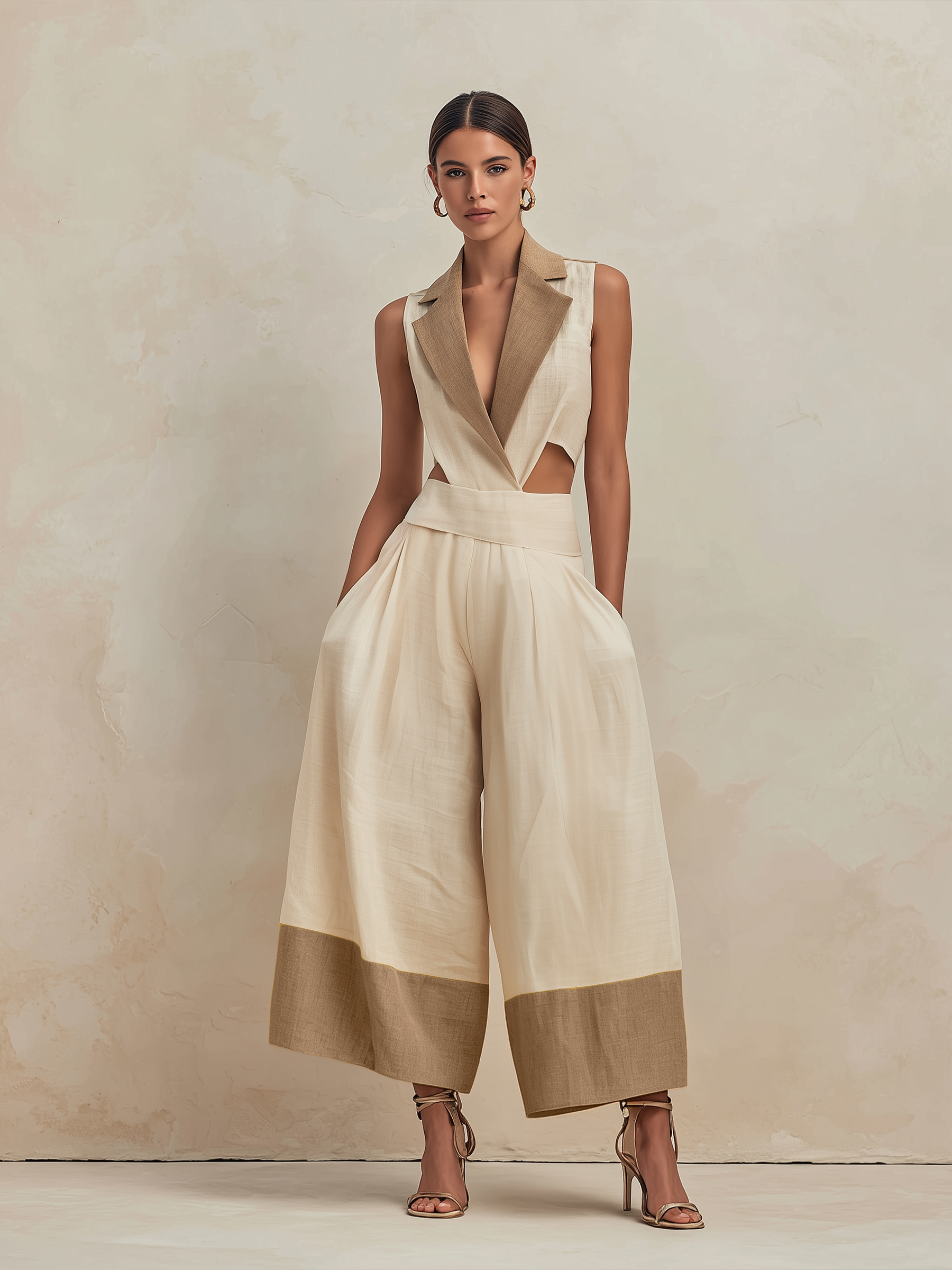 Cream & Tan Linen-Blend Cut-Out Waist Wide-Leg Jumpsuit