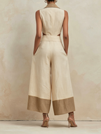 Cream & Tan Linen-Blend Cut-Out Waist Wide-Leg Jumpsuit