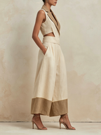 Cream & Tan Linen-Blend Cut-Out Waist Wide-Leg Jumpsuit