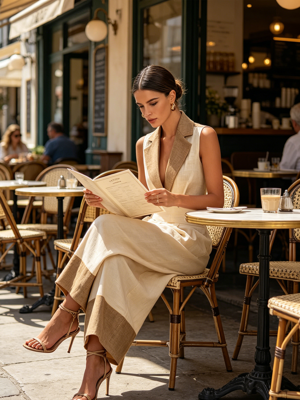 Cream & Tan Linen-Blend Cut-Out Waist Wide-Leg Jumpsuit