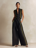 Black & Neon Yellow Linen-Blend Sleeveless Vest & Wide-Leg Pant Set