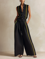 Black & Neon Yellow Linen-Blend Sleeveless Vest & Wide-Leg Pant Set